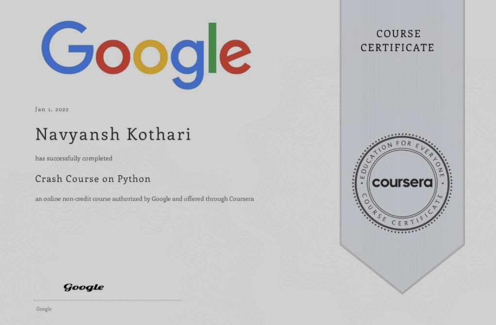 Crash Course on Python certificate
